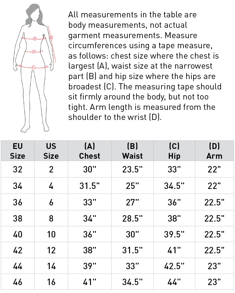 Size chart: Zip Front and Technical Shirts
