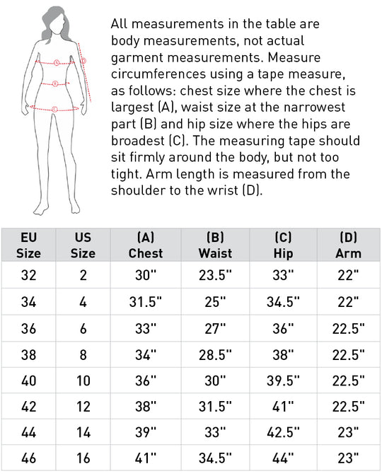 Size chart: Zip Front and Technical Shirts