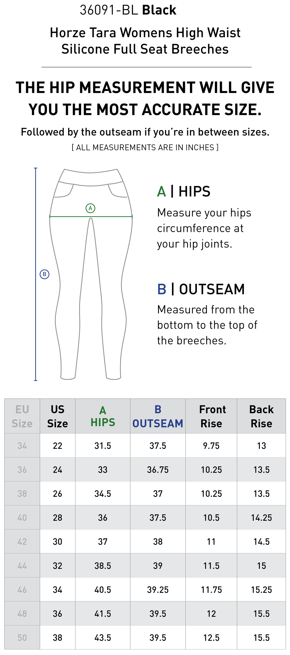 Size chart: Women's Full Seat Breeches & Tights