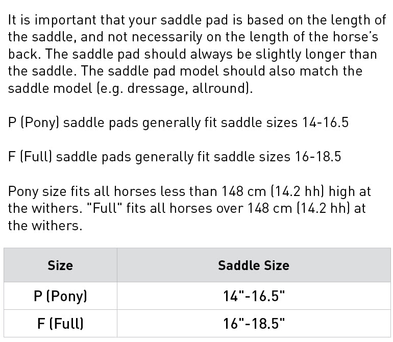Size chart: Square Dressage Saddle Pads