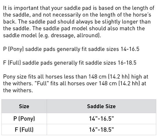 Size chart: Square Dressage Saddle Pads