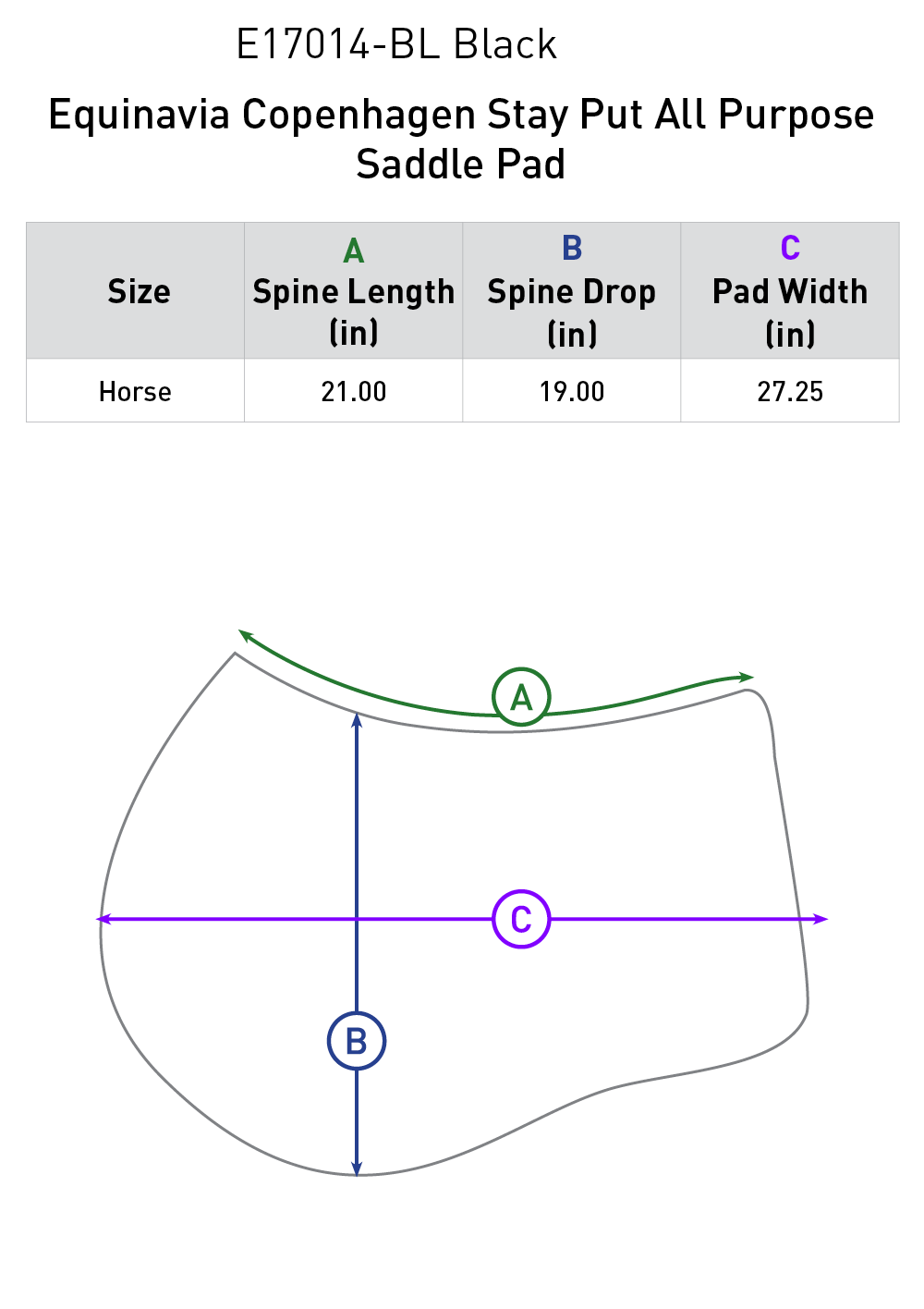 Size chart: Square All Purpose Saddle Pads