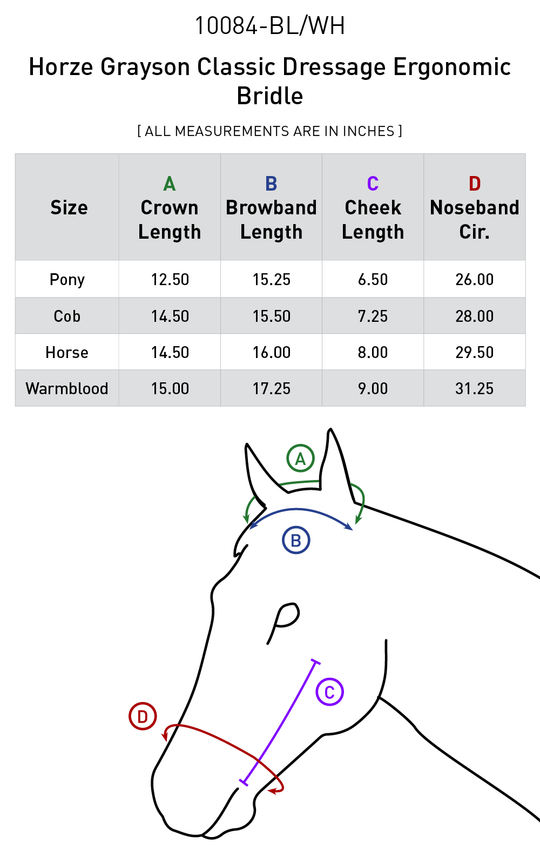 Size chart: English Bridles