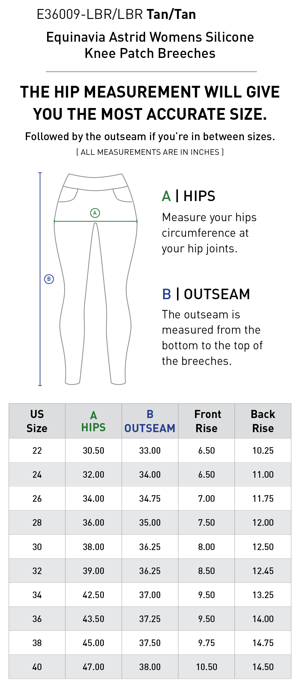 Size chart: Women's Knee Patch Breeches & Tights