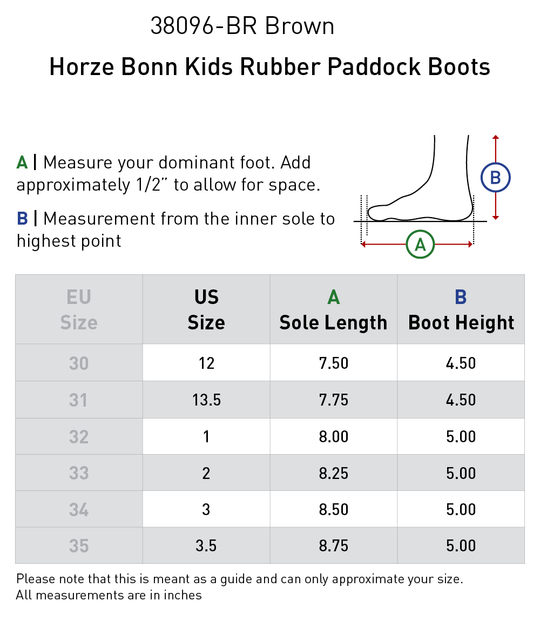 Size chart: Paddock Boots