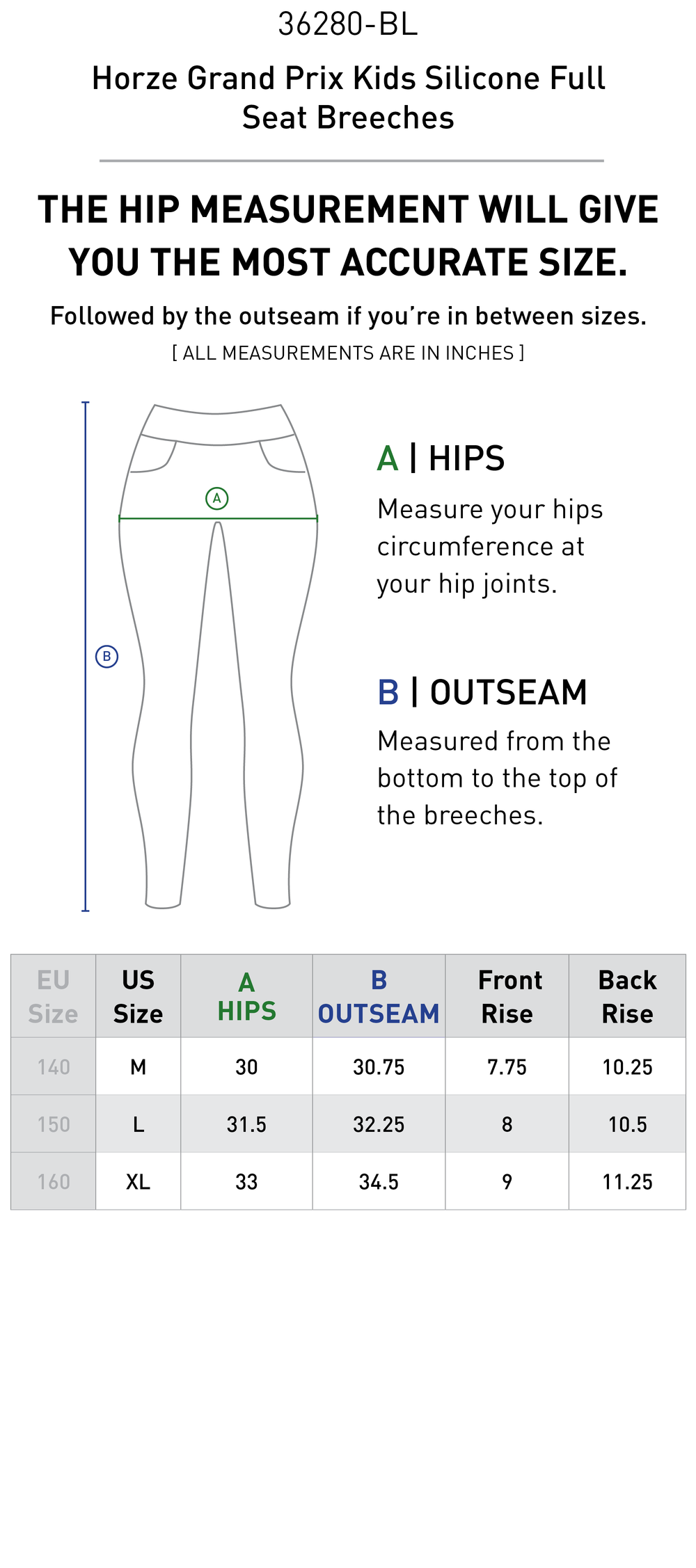 Size chart: Kid's Full Seat Breeches & Tights